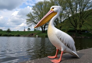 Large pelican by the lakeside in spring scenery