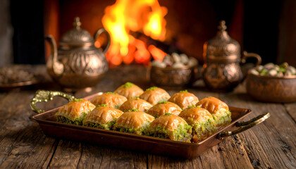 Delicious baklava served with warm tea by the fireplace, a cozy treat