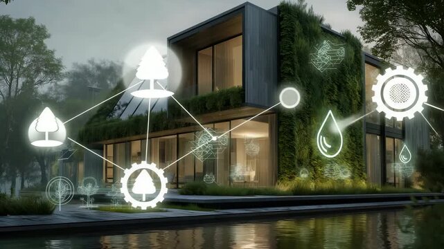 Modernes nachhaltiges Haus mit Solardach und animierten Energiesymbolen. K&uuml;nstliche Intelligenz KI
