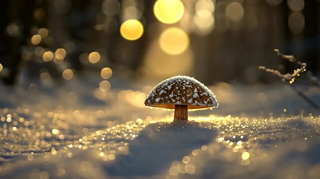 Enchanting Winter Wonderland: A Glimpse of a Mushroom in a Snowy Landscape bathed in Golden Light