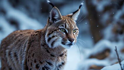 Obraz premium Lynx in snowy forest observing surroundings intently