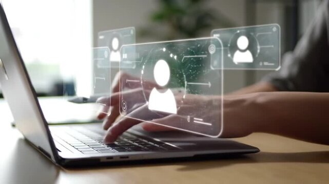 Typing on Laptop with Holographic Interface Overlaying Hands Recruitment, Networking, and Connectivity Concept