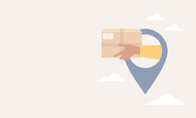 Courier hands with delivery box inside location pin icon, copy space. Flat vector illustration