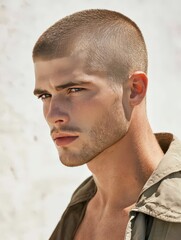 Naklejka premium Rugged Buzz Cut Hairstyle Portrait with Confident Expression and Natural Background
