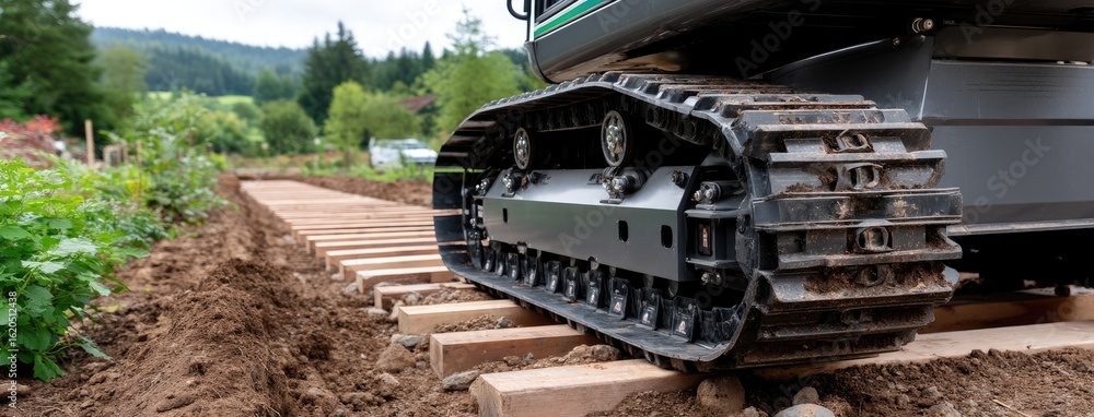 Poster detailed view of rubber track system on construction machine in grassy field showcasing track wheels