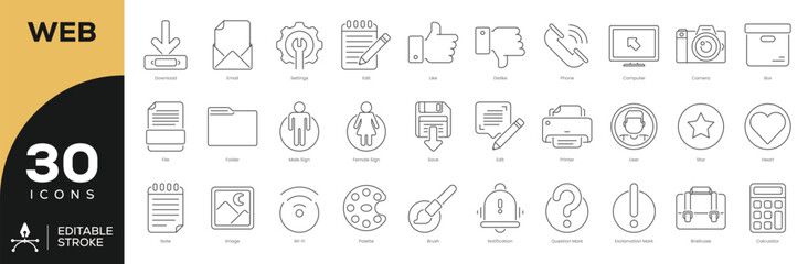 Business & Finance UI Icon Set - 30 Editable Stroke Vector Icons for Web & Mobile Apps (Settings, Phone, Share, Store, Analytics)