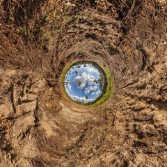 creative tiny planet photo of a rural landscape with dirt road, green fields, and cloudy sky forming a circular world.