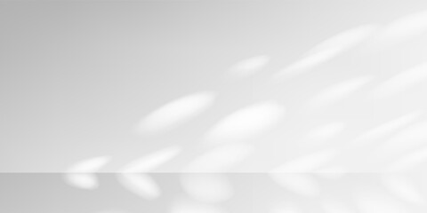 Warm light filters through foliage. Realistic shadow effect on interior wall and floor. Vector scene with window gobo and plant silhouette. Perfect for natural beauty product backdrop.