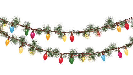 Festive Christmas garland with colorful glowing string lights. Holiday decoration vector illustration isolated on a white background.