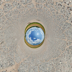 creative tiny planet photo of a rural landscape with dirt road, green fields, and cloudy sky forming a circular world.