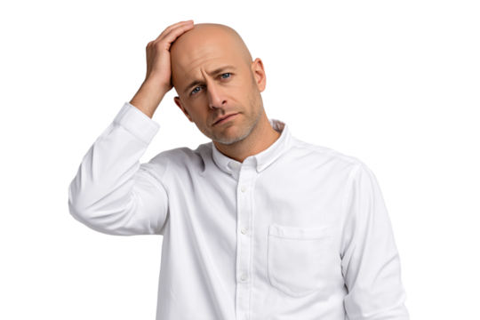 Bald man touching his head with eyes closed, expressing stress, pain, or fatigue. Isolated on transparent background, concept of headache or emotional struggle