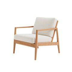 Elegant wooden armchair with neutral cushions against an isolated transparent setting showcase