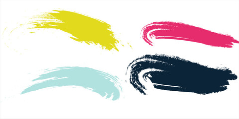 Obraz premium Brush strokes vector. yellow, blue, dark blue, backgrounds. Colorful set of text boxes. Paintbrush collection. Dirty brush texture banners. Rectangular painted objects.eps8