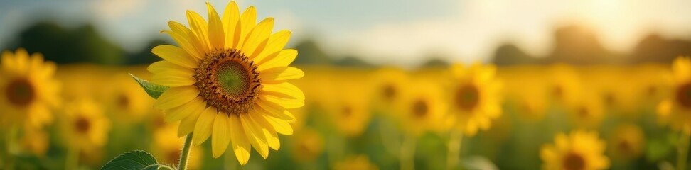 Obraz premium Close-up of a single sunflower, field of sunflowers in soft focus background, photo, day, nature photography