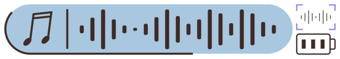 Musical note, soundwaves, and battery icon symbolizing audio playback, music streaming, or recording tools. Ideal for technology, entertainment, sound design energy focus or music-related themes. A