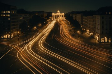 Brandenburg Gate at Night: The iconic Brandenburg Gate stands majestically at the end of a bustling thoroughfare, its illuminated form casting a warm glow amidst the cool embrace of night.