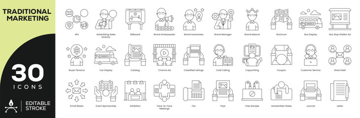 Traditional Marketing Icon Set - 30 Editable Stroke Vector Icons for Branding, Advertising & Sales (Brochure, Coupon, Bus Ads, Direct Mail)