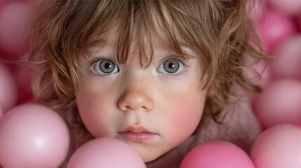 Close-up of a little girl with thoughtful expression, surrounded by pink balls