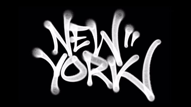 Graffiti tag animation 4K writing &ldquo;NEW YORK&rdquo; in white on black background. Bold urban street art style with dynamic handstyle and spray paint motion effect.	