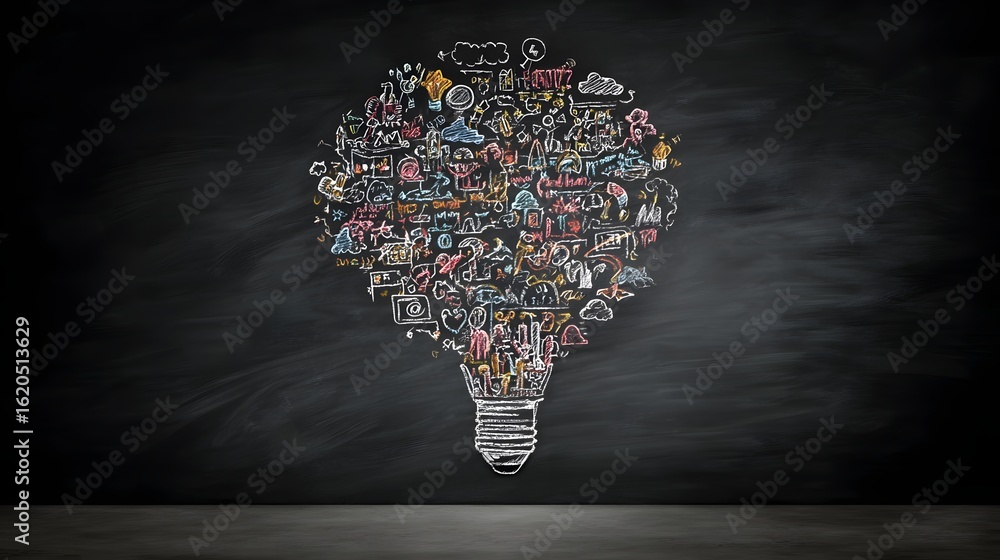 Poster multicolored sketches of ideas filling a lightbulb shape on a dark background.