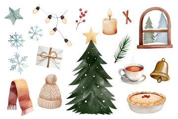 Cozy christmas watercolor set. Hand drawn winter clipart. Tea, pie, tree, snowflakes, garland, window and letter.