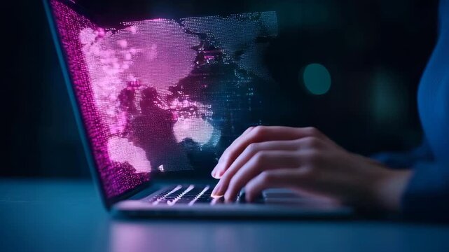 Global Network Data Stream:  Cybersecurity Expert Typing on Laptop - Powered by Adobe