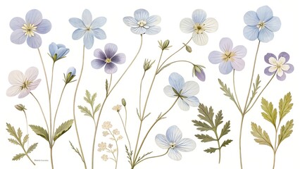 Fototapeta premium Watercolor painting of blue flowers with green leaves isolated on white background, perfect for wedding invitations and romantic designs