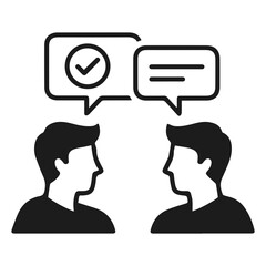 Two people in profile facing each other with speech bubbles, one with a checkmark indicating agreement or confirmation, isolated on white background