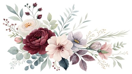 Watercolor floral arrangement with roses, leaves, and berries isolated on white background, perfect for wedding invitations and romantic designs