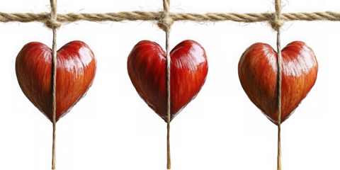 Three hearts hanging on a rope on transparent png background