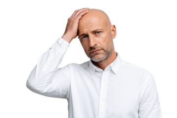 Bald man touching his head with eyes closed, expressing stress, pain, or fatigue. Isolated on transparent background, concept of headache or emotional struggle