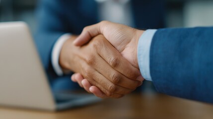 Obraz premium Handshake of Agreement: A close-up shot of two business professionals sealing a deal with a firm handshake, capturing the essence of partnership, trust, and mutual agreement.