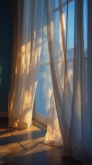 Sheer curtains with sunlight streaming through a window in the morning