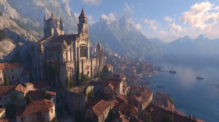 Coastal medieval town with cathedral, mountains, and ocean view