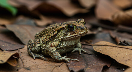 Obraz premium Toad camouflaged among fallen leaves on the Amazon rainforest floor, focus on the texture of its skin.