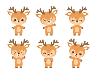 Cartoon cute deer kawaii chibi character forest animal. Fun reindeer baby kids vector illustration. Anime woodland emoji. Positive emotion facial expressions laughing, smiling, waving, winking.