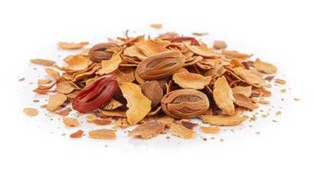 A pile of whole and broken nutmegs and mace flakes on a white background