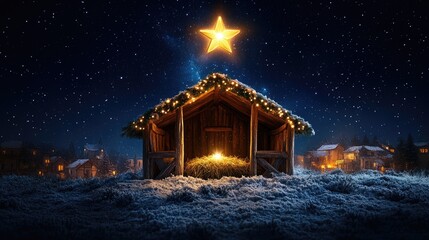 Christmas nativity scene with a shining bright star above a humble manger in a snowy landscape at night. Traditional holiday celebration artwork.
