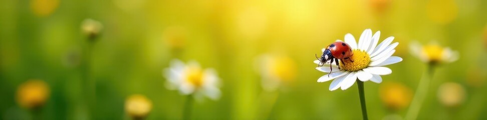 Fototapeta premium A ladybug rests on a daisy in a sun-drenched field , pretty, summer