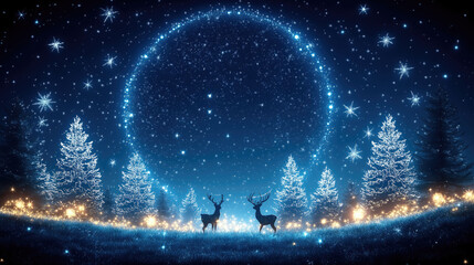 Naklejka premium Two reindeer standing in a magical winter forest with glowing trees under a starry night sky. Christmas and New Year concept.