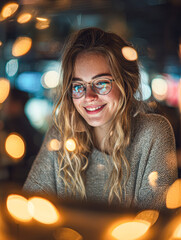 A smiling woman with glasses is illuminated by soft, warm lights, creating a cozy and inviting atmosphere in a dimly lit setting.