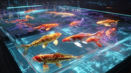 Koi Fish Swimming in a Futuristic, Glowing, Circuit Board Aquarium