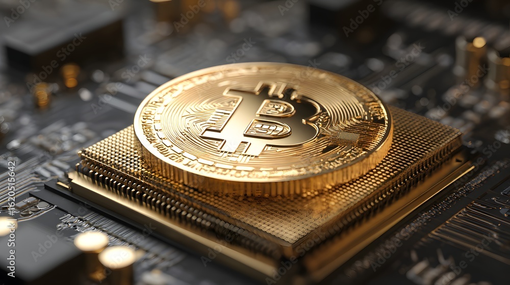 Poster golden bitcoin coin positioned on a computer circuit board.