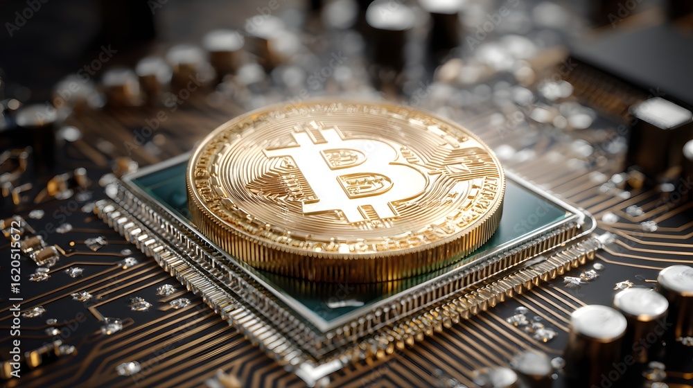 Poster golden bitcoin coin on a computer circuit board.