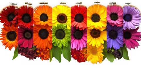 Colorful flowers in embroidery hoops on transparent png background