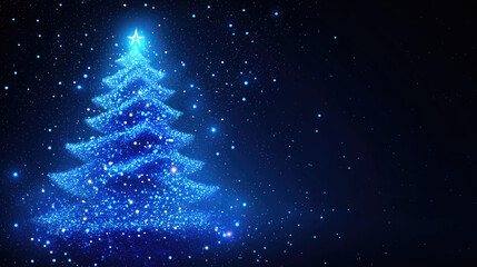 Christmas tree made of blue shining particles and star on top. Sparkling glitter light effect for festive winter holiday design.