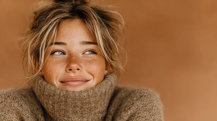 Close-up of a woman with blonde hair and a beige sweater, gazing upward with a happy expression