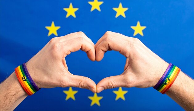 LGBTQ+ pride support in the EU, rainbow wristbands forming heart over European Union flag