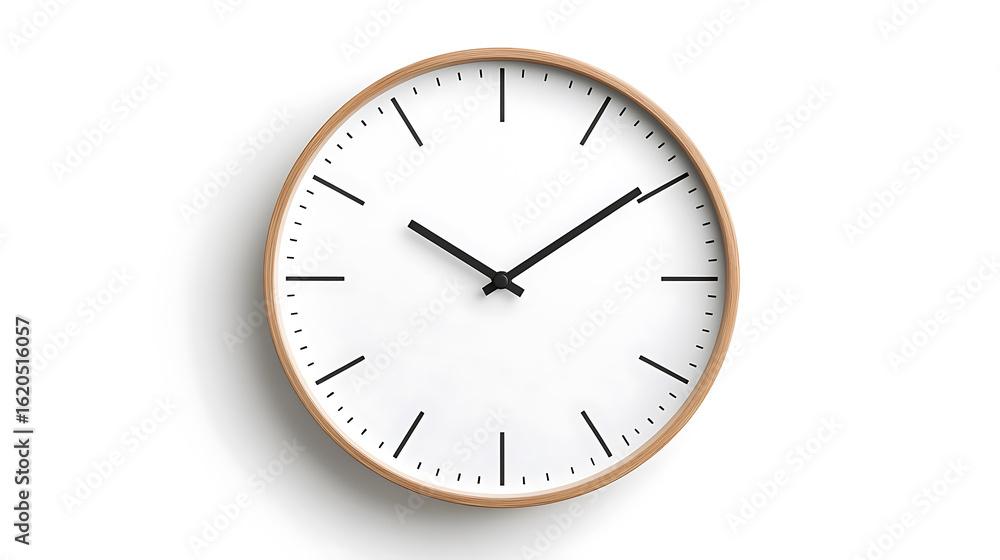 Poster elegant wall clock with a clean white face and natural wood frame. the time on the clock is 1:50, cr