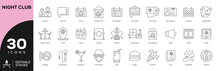 Nightclub VIP Experience Icon Set - 30 Editable Stroke Vector Icons for Events, Lounges & DJ Culture (Membership, LED Glasses, Bottle Service